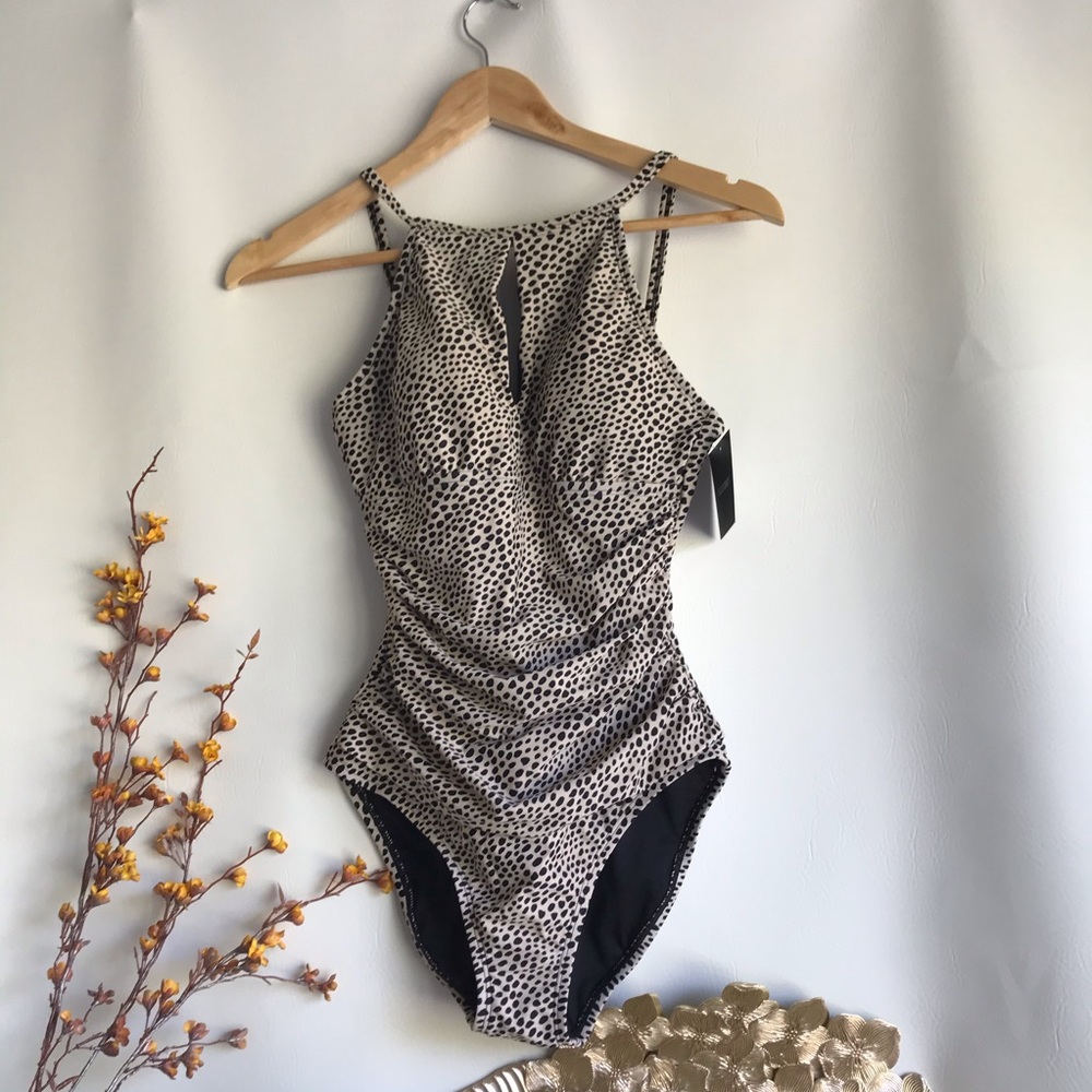 Ellen Tracy Cheetah Keyhole HighNeck Swimsuit - Picture 5 of 5